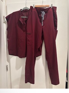 Figs Burgundy Two-Piece Scrub Set with Gray Drawstrings